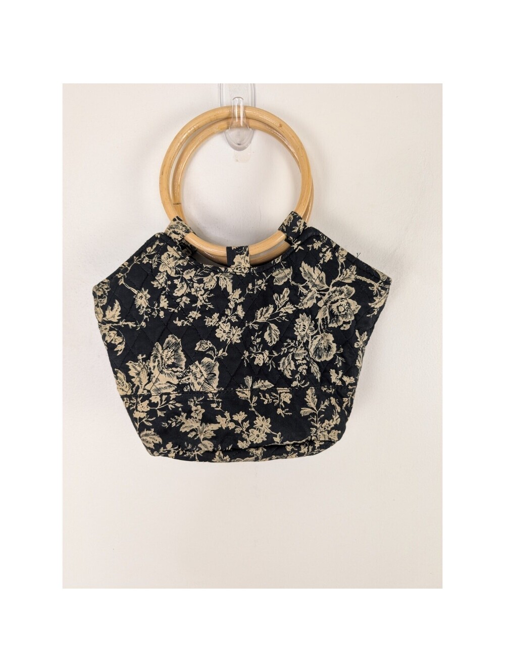Ms. Millie Collection Purse Black White Quilted Floral Handbag Wooden Handles